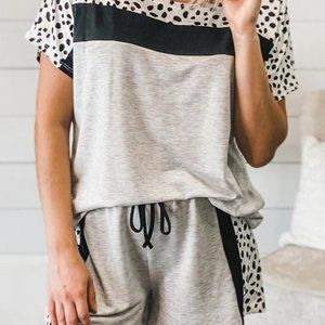 Gray Dotted Print Colorblock Tee Shorts Loungewear